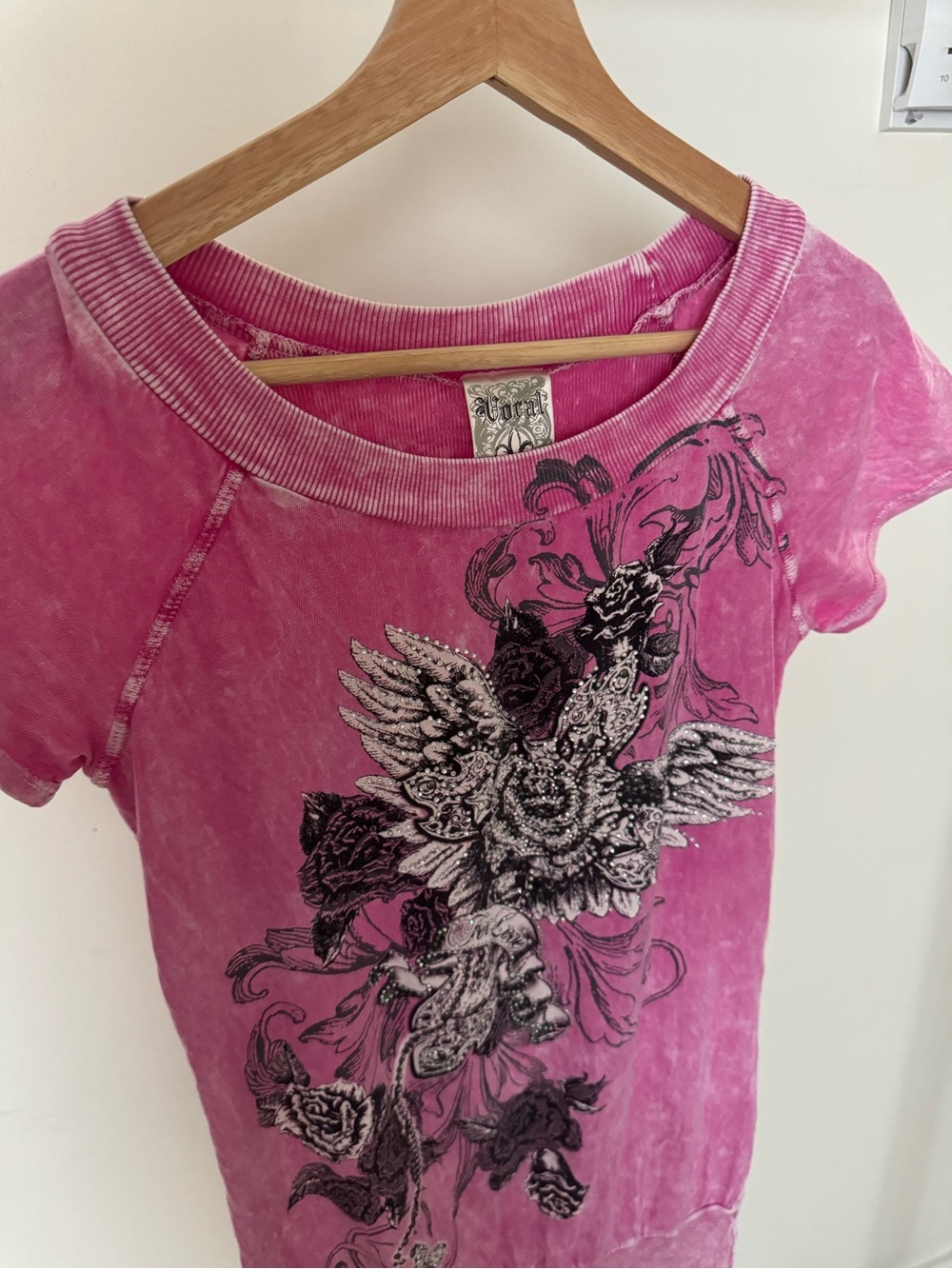 Vocal Pink Rhinestone Graphic Top Y2K Angel Wings Roses Embellished